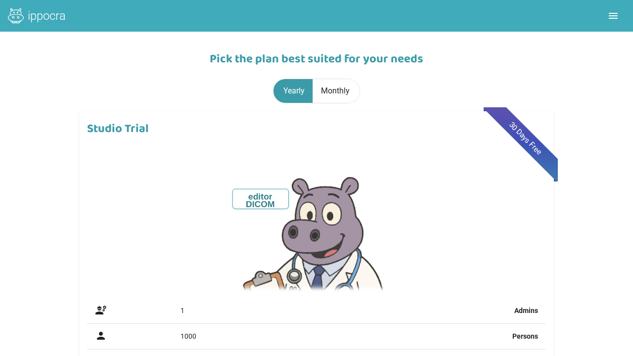 Οθόνη επιλογής πακέτου Ippocra με την κάρτα Studio Trial και τα επί πληρωμή πακέτα