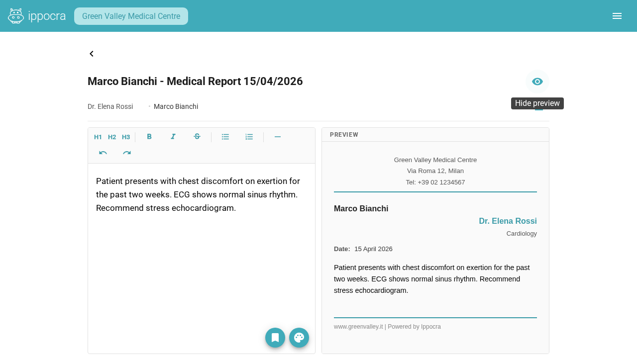 Ippocra Studio Editor — editor a schermo diviso con anteprima PDF A4 in tempo reale e intestazione personalizzata