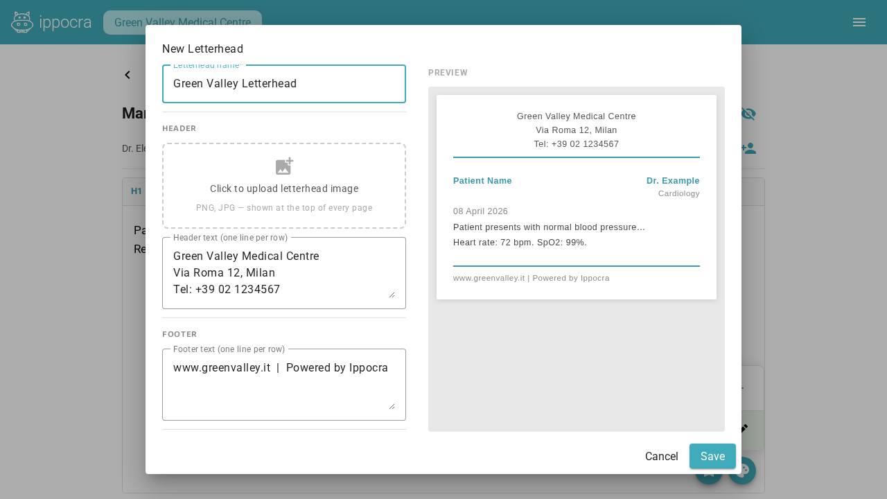 Finestra di creazione intestazione Ippocra con caricamento logo clinica, selezione colore e anteprima A4 live