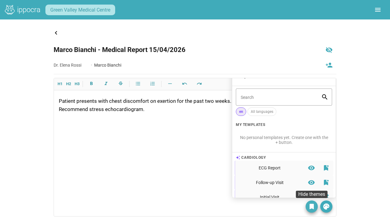 Pannello modelli Ippocra con template per cardiologia, neurologia e ortopedia